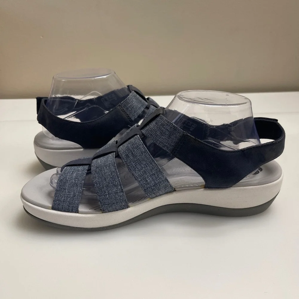 Clarks Sandals Womens 10W Navy Arla Shaylie Cloudsteppers Comfort Strappy Shoe